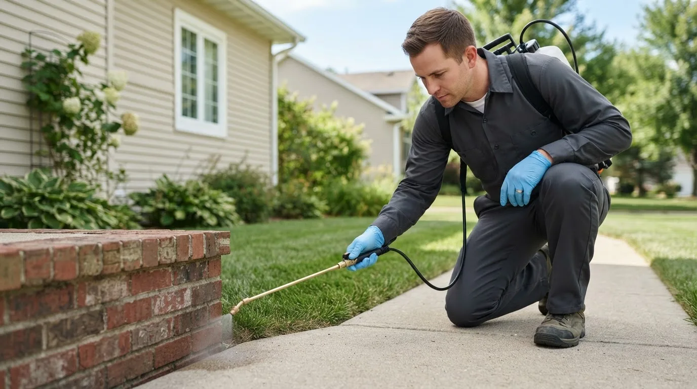 Pest control technician treating a home near Fleming, GA