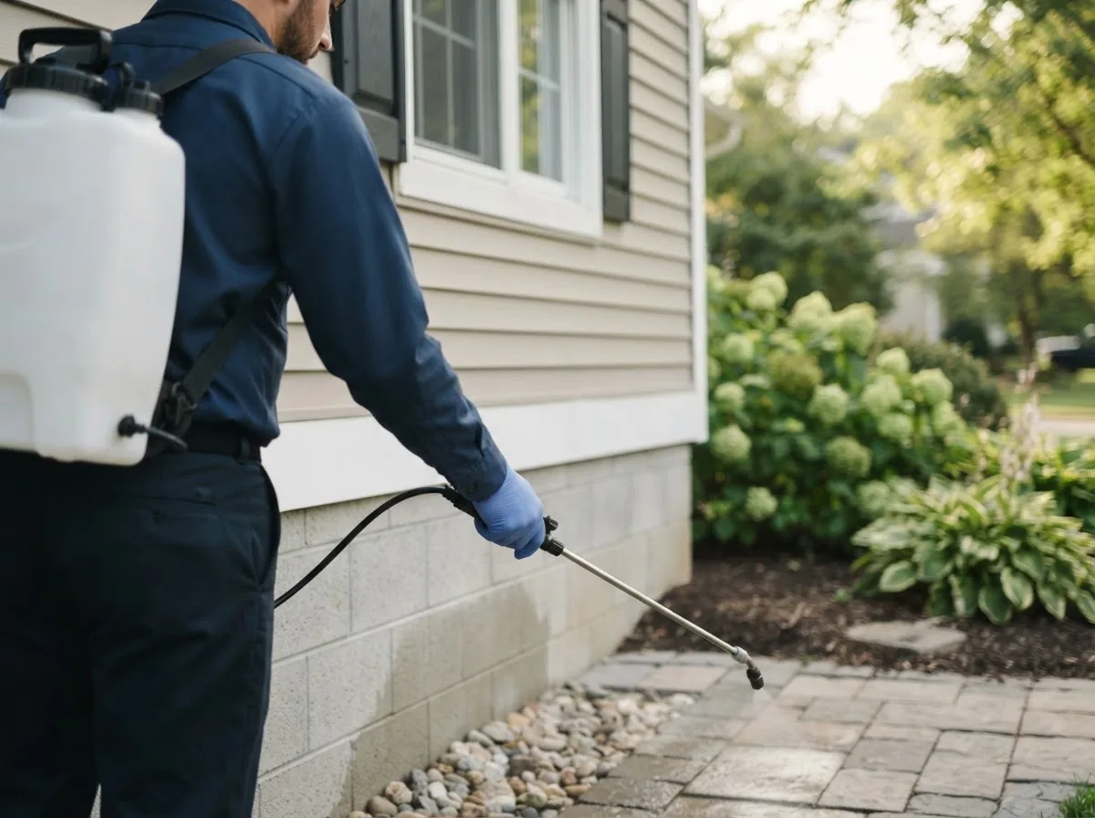 Pest control technician inspecting a home in Fleming, GA